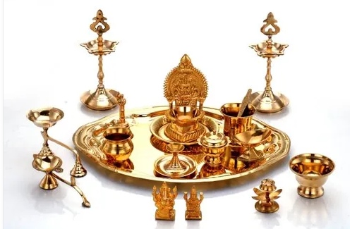 Brass Pooja Set of 9 Pcs Plate Bell Incense Holder Panchamrat Glass Spoon  Dhoop Burner Camphor Holder Kalash Diya -  Denmark
